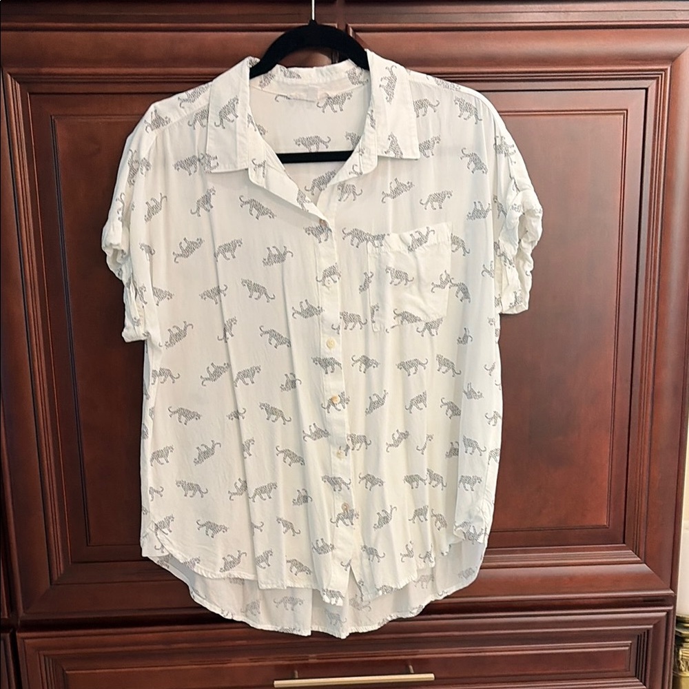 White Button-Up Blouse with Grey Cat Print